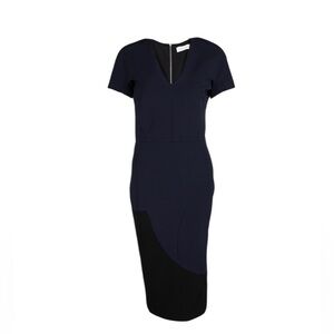 Victoria Beckham Navy Blue Knit Colorblock V Neck Pencil Dress Size 6